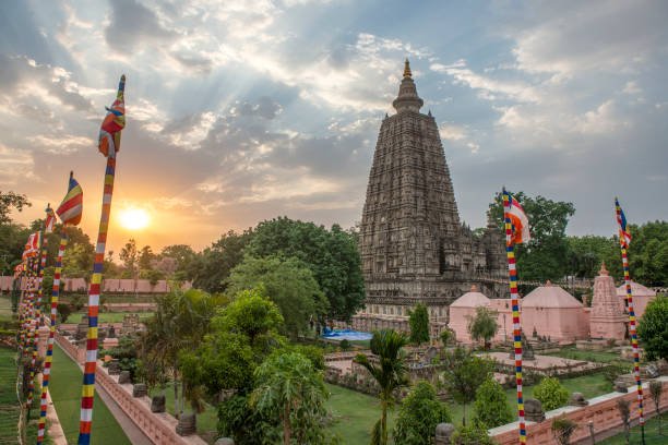 The side view of the stupa at Mahabodhi Temple Complex in Bodhgaya at sunset.